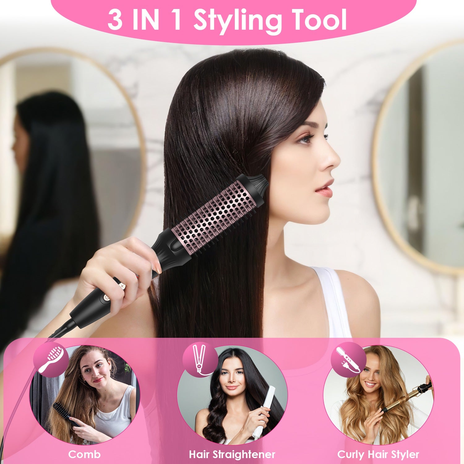 1Pc 3 In 1 Thermal Brush Hair Curler Brush Hair Curler Straightener With 10 Heating Levels 30S Fast Heating Fit For All Hair Types For Home Travel